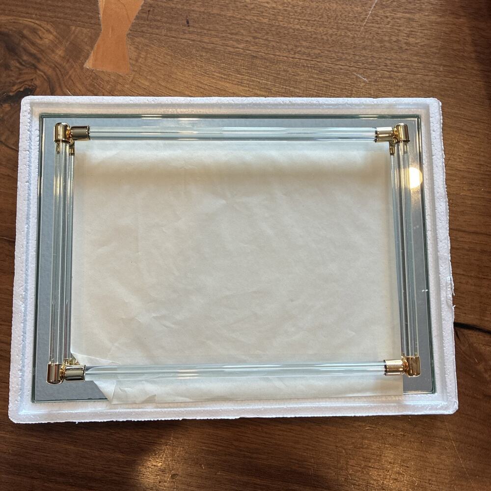 Vintage NEW Avon Mirrored Vanity Glass w/ Bars & Gold Detail Beauty Boudoir 8x11